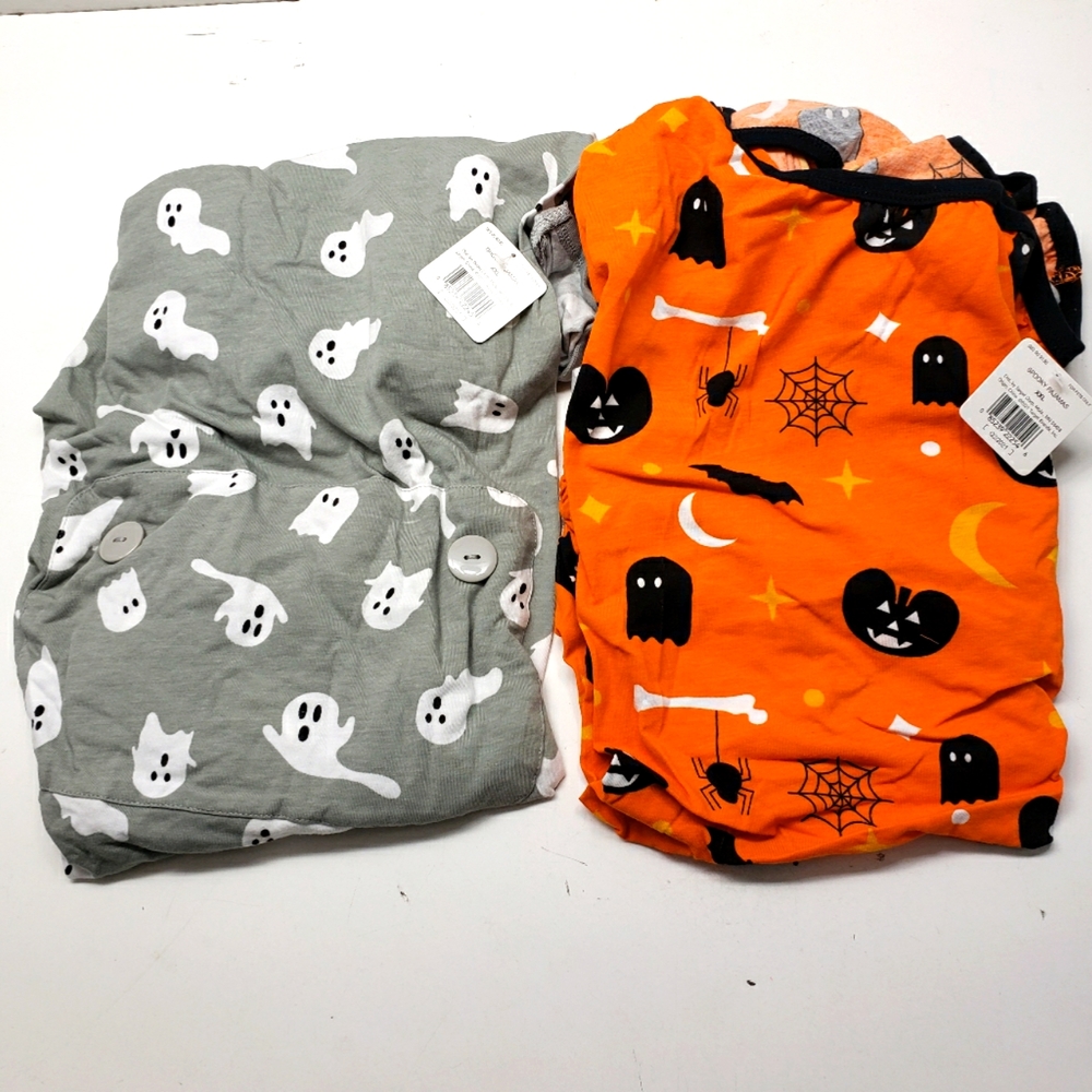 NEW! Lot of 2 Dog Halloween Outfit Pajama Costumes XXL - Ghosts, Spooky Pumpkins